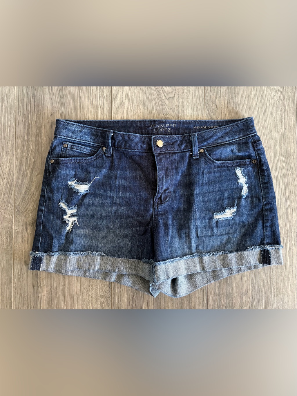 Jennifer Lopez Indigo Distressed Cuffed Denim Shorts